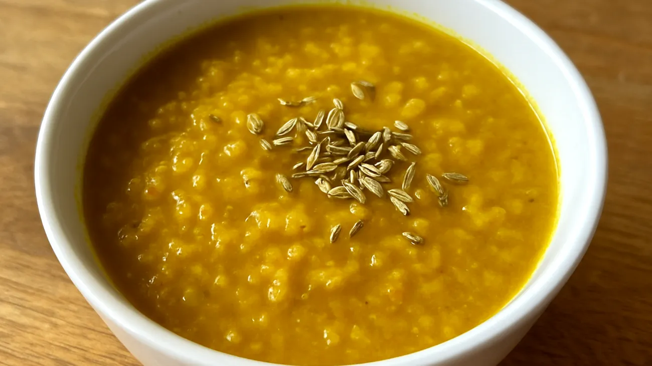 Zuppa di lenticchie rosse decorticate con semi di finocchio e curcuma"