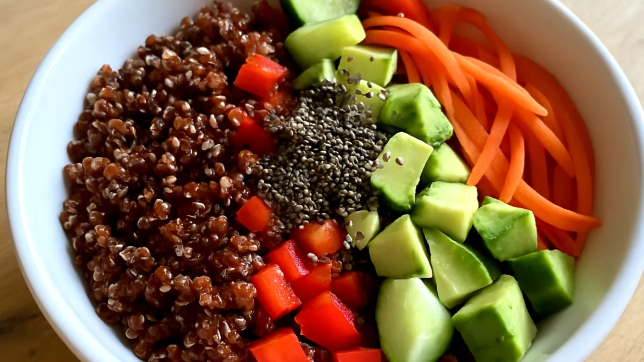 Insalata di quinoa rossa con semi di chia e verdure crude"
