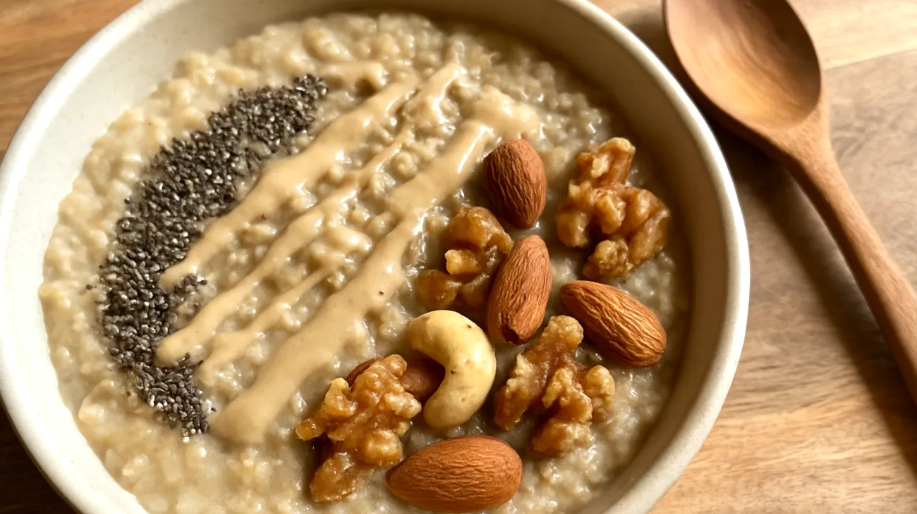 Porridge di avena con semi di chia, tahini e frutta secca"
