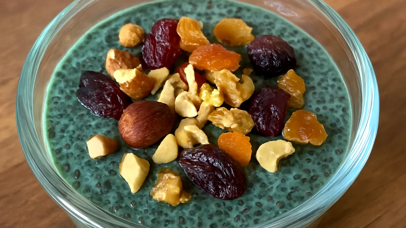 Pudding di semi di chia con spirulina e frutta secca"