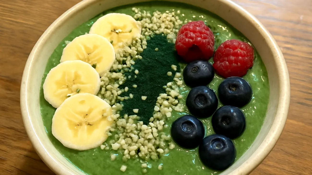 Smoothie bowl con semi di canapa, spirulina e frutta di stagione"