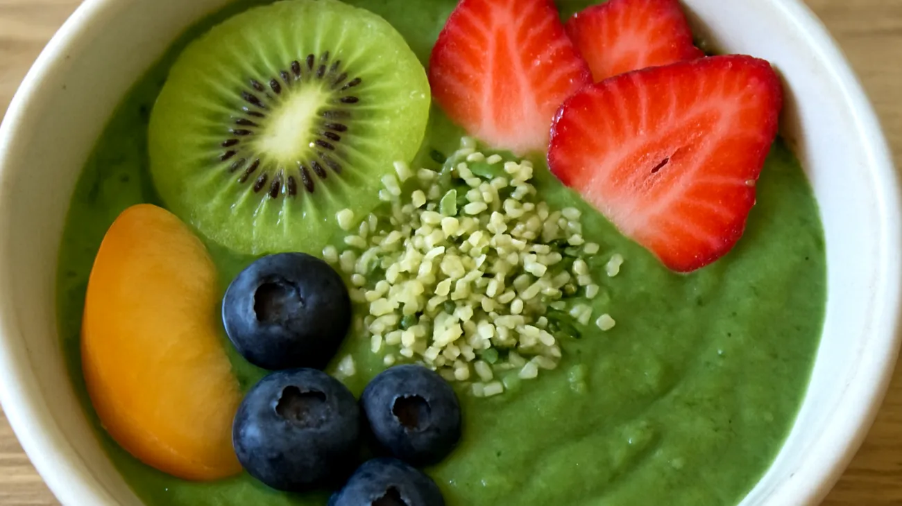 Smoothie bowl con spirulina, semi di canapa e frutta di stagione"