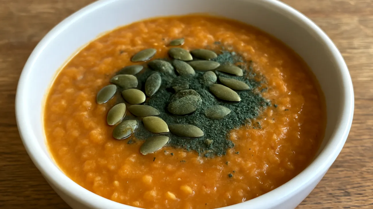 Zuppa di lenticchie rosse con semi di zucca e spirulina"